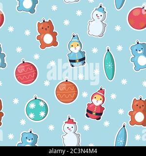 Motivo senza cuciture con decorazioni per l'albero di Natale: Snowman, Santa, Kitty, Orso di Teddy e altri ornamenti carini su blkground azzurro. Vettore Illustrazione Vettoriale