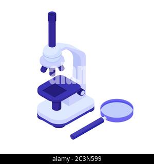 Microscopio con lente di ingrandimento. Ricerca scientifica biologica strumento nuove scoperte sensazionali. Illustrazione Vettoriale