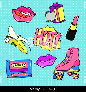 Design stile anni '90. Color retro pop music cassette Rei rossetto rosso brillante con pellicola fotografica elegante clipart. Illustrazione Vettoriale