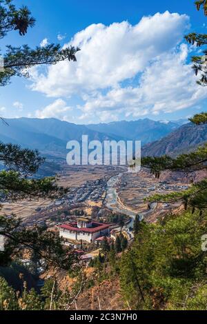 Veduta aerea del Paro Dzong, Bhutan Foto Stock