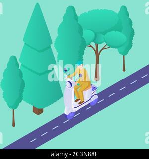 Consegna con corriere su scooter. Personaggio in scooter bianco uniforme giallo con container a riding autostrada. Illustrazione Vettoriale