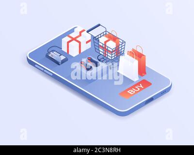 Ordine di acquisto online tramite smartphone e scheda. illustrazione vettoriale isometrica 3d. Illustrazione Vettoriale