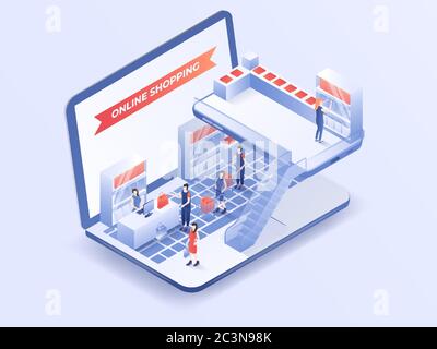 Attività delle persone di shopping online sul design dei notebook. illustrazione vettoriale isometrica 3d. Illustrazione Vettoriale
