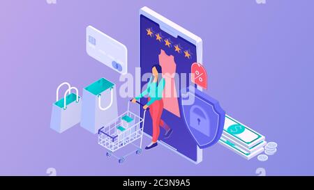 Acquisto sicuro online concetto isometrico. Acquistare cose moderne alla moda utilizzando applicazioni online sicure. Illustrazione Vettoriale