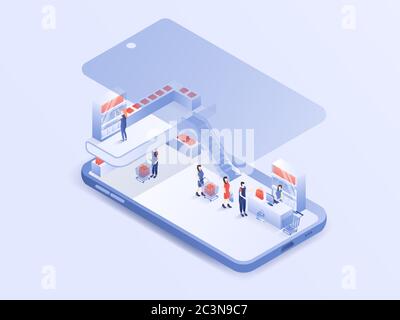 Attività della gente di shopping al negozio di alimentari su smartphone. progettazione vettoriale isometrica 3d. Illustrazione della landing page Illustrazione Vettoriale