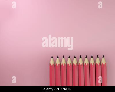 Gruppo di matite rosa realistiche sfondo rosa isolato , strumento per la scuola o l'università . illustrazione 3d. Foto Stock