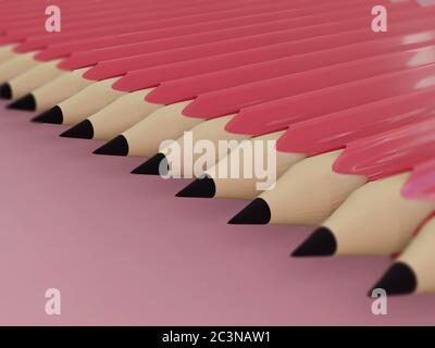 Gruppo di matite rosa realistiche sfondo rosa isolato , strumento per la scuola o l'università . illustrazione 3d. Foto Stock