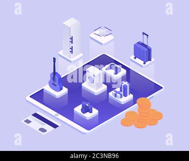 Shopping online concetto isometrico. Online acquista tutto il materiale utilizzando le applicazioni del negozio online per i beni di viaggio domestici. Illustrazione Vettoriale