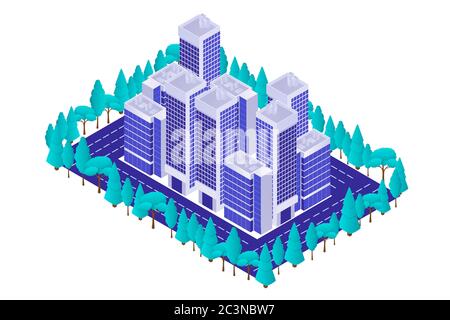 Quartiere degli affari con grattacieli e parco isometrico. Edifici moderni e alti della città. Illustrazione Vettoriale