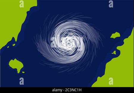 Vista sull'uragano dallo spazio. Enorme pericoloso ciclone tra continenti tropicale spirale tornado. Illustrazione Vettoriale