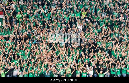 BUDAPEST, UNGHERIA - GIUGNO 20: Ultras di Ferencvarosi TC (noti come Green Monsters) alzano le mani durante la partita ungherese della Banca OTP Liga tra Ferencvarosi TC e Ujpest FC alla Groupama Arena il 20 giugno 2020 a Budapest, Ungheria. Dal 18 giugno 2020 non si limita la partecipazione agli eventi calcistici in Ungheria. Foto Stock