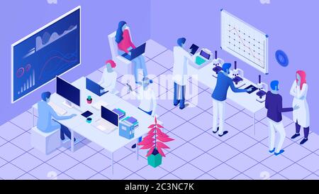 Scienziati in laboratorio di illustrazione isometrica. I dipendenti conducono esperimenti scientifici creano un coronovirus vaccino. Illustrazione Vettoriale