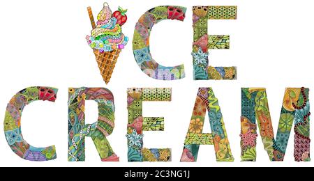 Disegno artistico dipinto a mano. Parole illustrative disegnate a mano GELATO con gelato in un cono di cialda per t-shirt e altre decorazioni Illustrazione Vettoriale