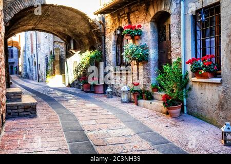 Affascinanti antichi borghi medievali d'Italia con tipiche stradine floreali. Assisi , Umbria Foto Stock