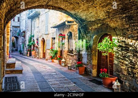 Affascinanti antichi borghi medievali d'Italia con tipiche stradine floreali. Assisi , Umbria Foto Stock