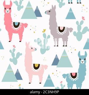 Modello senza cuciture di lama, cactus e montagne. Ideale per tessuti, tessuti. Sfondo vettoriale. Illustrazione Vettoriale