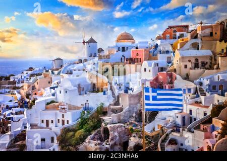 Uno dei simboli più rappresentativi della Grecia - l'isola di Santorini. Grafica in stile pittura Foto Stock