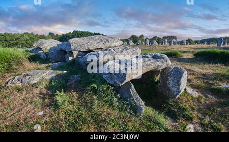 Vista di Carnac pietre neolitiche in piedi Monalithic portale tomba camera, Alignements du Kermario, 500 a 2000 AC, Carnac è
