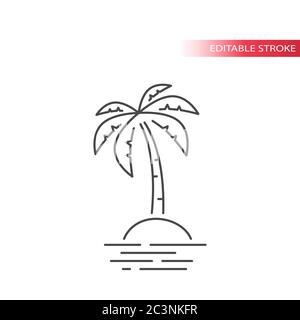 Palm Tree e isola tropicale nell'icona della linea sottile dell'oceano. Contorno, vettore di tratto modificabile. Illustrazione Vettoriale