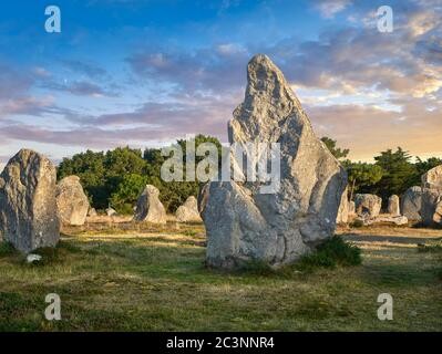Vista dei monaliti di pietra di Carnac in piedi neolitici, Alignements du Kermario, un sito pre-celtico di pietre in piedi utilizzati dal 4500 al 2000 AC, Carnac è
