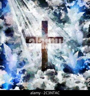 Croce cristiana nei raggi di luce. Angeli vola intorno. Foto Stock