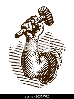 Primo piano di un braccio umano destro che tiene un martello, dopo un'antica incisione del 19 ° secolo Illustrazione Vettoriale