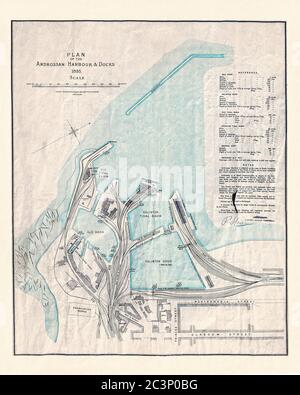 Mappa storica del porto e dei bacini di Ardrossan, che mostra i bacini dei bacini portuali e i dettagli delle maree e della strada di accesso circostante, Ayrshire, Scozia, UK Foto Stock