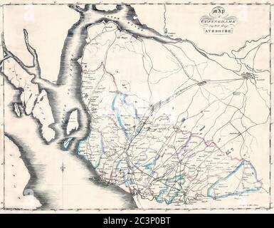 Vecchia mappa della parrocchia di Cunninghame dell'Ayrshire che mostra il Firth di Clyde e la strada originale per Glasgow creato 1830, , Ayrshire, Scozia, Regno Unito Foto Stock
