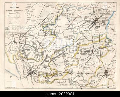 Mappa storica, datata 1829, che mostra la parrocchia di Irvine, Dreghorn e Kilmaurs, Ayrshire, Scozia, con dettagli sulle popolazioni e sui valori del territorio Foto Stock