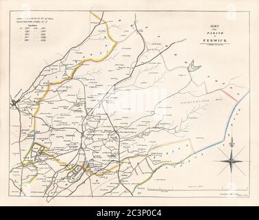 Mappa storica, datata 1829, che mostra la parrocchia di Fenwick, Ayrshire, Scozia, con dettagli sulle popolazioni e le valutazioni del territorio, Regno Unito Foto Stock