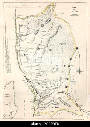 Mappa storica, datata 1829, che mostra la parrocchia di Largs, Ayrshire, Scozia, con dettagli sulle popolazioni e le valutazioni del territorio, Regno Unito Foto Stock