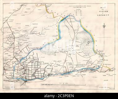 Mappa storica, datata 1829, che mostra la parrocchia di Loudoun, Ayrshire, Scozia, compresi i dettagli delle popolazioni e delle valutazioni del territorio, Regno Unito Foto Stock