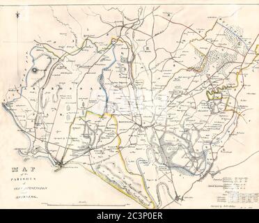 Mappa storica, datata 1829, che mostra le parrocchie di Ardrossan, Stevenston e Kilwinning, Ayrshire, Scozia, con dettagli di popolazioni e terreni Foto Stock