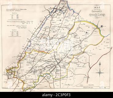 Mappa storica, datata 1829, che mostra le parrocchie di Stewarton e Dunlop, Ayrshire, Scozia, con dettagli sulle popolazioni e le valutazioni del territorio, Regno Unito Foto Stock