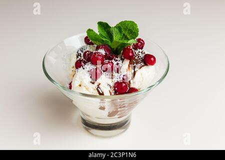 Gelato alla vaniglia con mirtilli rossi e sciroppo di cioccolato, guarnito con menta, servito in una ciotola di vetro trasparente Foto Stock