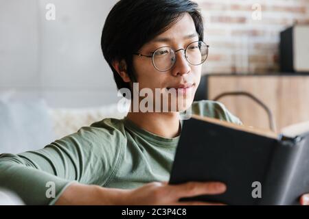 Immagine di bel giovane asiatico che indossa occhiali leggere libro mentre si siede sul divano in appartamento Foto Stock