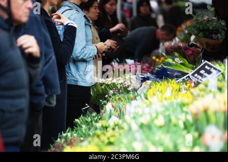 LONDRA - 31 MARZO 2019: I clienti del Mother's Day esplorano i fiori primaverili del mercato dei fiori di Columbia Road. Foto Stock