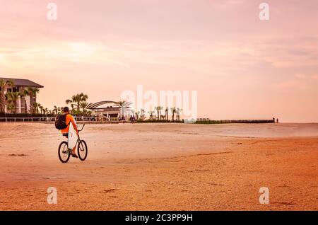 Una bicicletta porta una tavola da surf lungo la spiaggia a St. Johns County Ocean Pier, 5 settembre 2019, a St. Augustine, Florida. Foto Stock