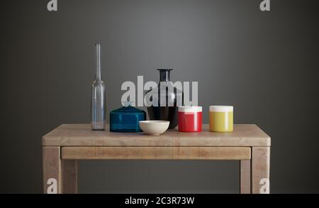 Varie stoviglie su un tavolo di legno Still Life 3D computer generated illustrazione Foto Stock