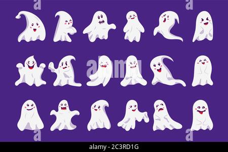 Icone di set di cartoni animati piatti di un personaggio fantasma. Buffe simpatico simpatico e divertente mostri di Halloween. Arredamento ottobre vacanza. Orrore simbolo. Silhouette con il volto male Spook. Illustrazione vettoriale isolata Illustrazione Vettoriale