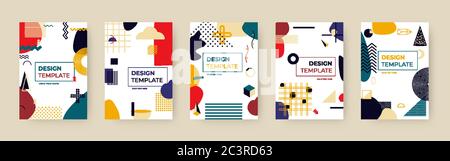 Copre i modelli nel set di stili memphis. Sfondi con forme geometriche diverse, elementi trendy.casella di testo. Design dei motivi ideale per riviste, poster di copertina, cartelloni, striscioni. Illustrazione vettoriale Illustrazione Vettoriale