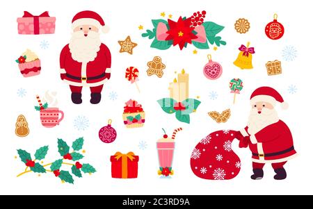 Natale e Capodanno. Holly, cupcake, campana, cappello, regalo di babbo natale e biscotti, candela di lecca, mistletoe. Elementi di disegno cartoni animati piatti. Collezione oggetti del nuovo anno. Illustrazione vettoriale isolata Illustrazione Vettoriale