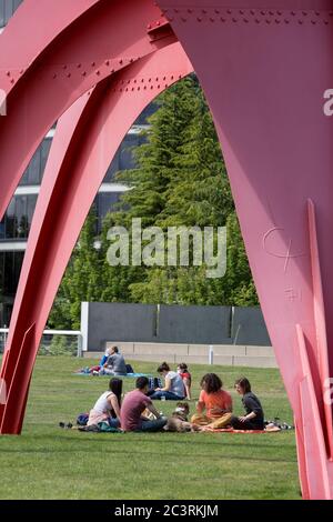 I visitatori si rilassano sotto la scultura di Alexander Calder "Eagle" all'Olympic Sculpture Park di Seattle, mentre le restrizioni relative alla pandemia di coronavirus sono attenuate domenica 21 giugno 2020. La King County si è spostata alla fase 2 di venerdì come parte del piano di riapertura Safe Start del governatore Jay Inslee, che consente di aumentare le attività ricreative, sociali e commerciali. Foto Stock