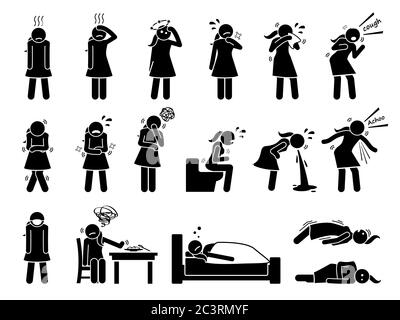 Donna malata, malata, influenza, malattia e sintomi del virus dell'influenza. Icone di pittogramma a figura di bastone rappresentano una donna che ha freddo, febbre, vertigini, mal di testa Illustrazione Vettoriale