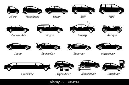 Elenco dei diversi tipi di icone di auto. Imposta l'icona di auto, trasporti, veicoli di diversi segmenti e tipi in un pittogramma nero dalla silhouette semplice Illustrazione Vettoriale