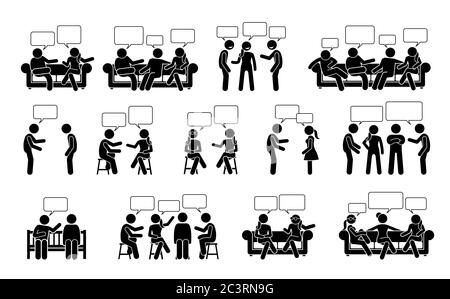 Le persone conversazione e comunicazione con l'un l'altro bastone figure pittogramma icone. Le illustrazioni vettoriali raffigurano persone o amici che parlano e chattin Illustrazione Vettoriale