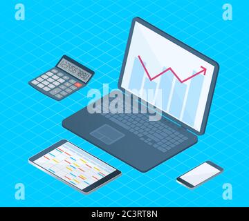 Vista dall'alto a destra piatta immagine isometrica delle apparecchiature elettroniche da tavolo per ufficio. Concetto vettoriale aziendale e scolastico di laptop con freccia crescente Illustrazione Vettoriale