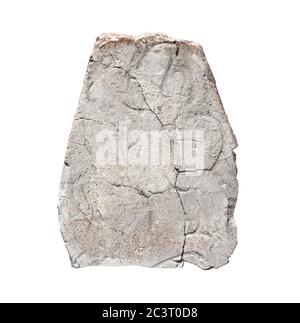 Pietra antica naturale di colore grigio. Pietra di roccia grigia grande. Isolato su sfondo bianco. Modello di simulazione. Spazio di copia per il testo Foto Stock