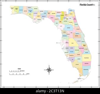 florida stato delineare la mappa amministrativa e politica a colori Illustrazione Vettoriale