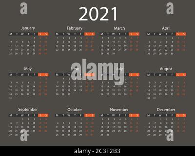 Calendario 2021, la settimana inizia lunedì. Illustrazione vettoriale, design piatto. Illustrazione Vettoriale